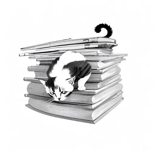 A cat curled up on a stack of books tattoo design idea