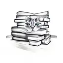 A cat curled up on a stack of books tattoo design idea