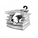 A cat curled up on a stack of books tattoo design idea