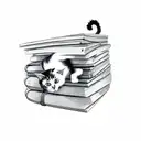 A cat curled up on a stack of books tattoo design idea