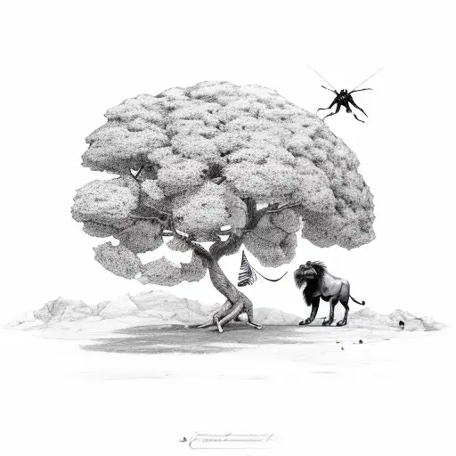 A laurel tree with a cricket bat leaning up against it with a bull and a lion in the forground tattoo design idea