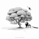 A laurel tree with a cricket bat leaning up against it with a bull and a lion in the forground tattoo design idea