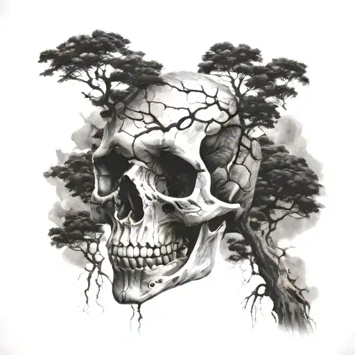 cracked skull fading into trees   tattoo design idea