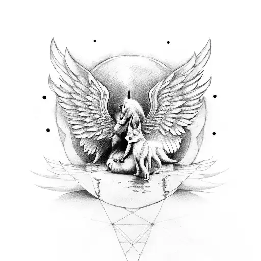 a wolf with wings protecting a baby wolf under the wing tattoo design idea