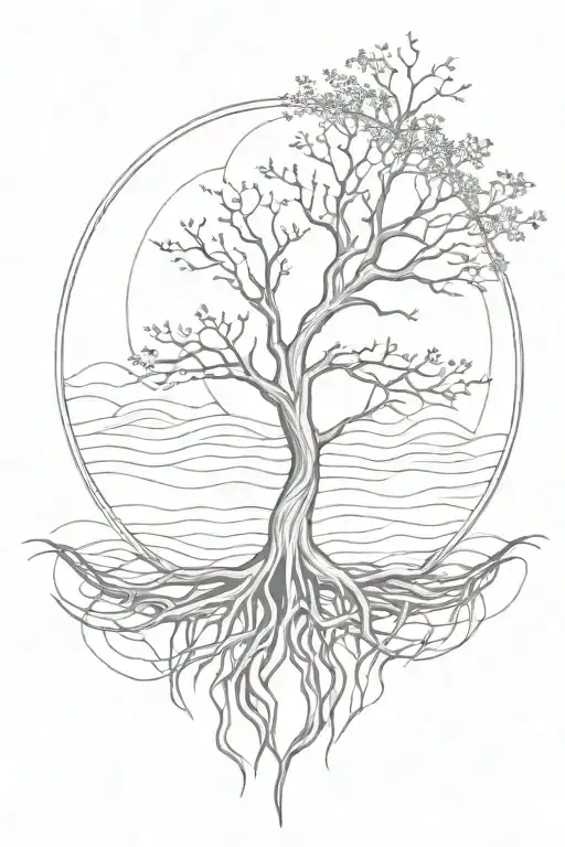 line with roots in bottom, sun and waves in middle and ends in a tree tattoo design idea