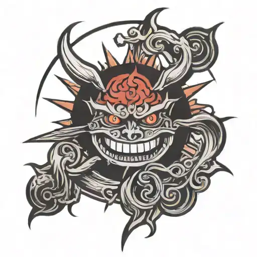 angry grinning red sun tattoo design idea