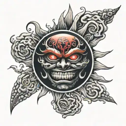 angry red sun with a grin tattoo design idea