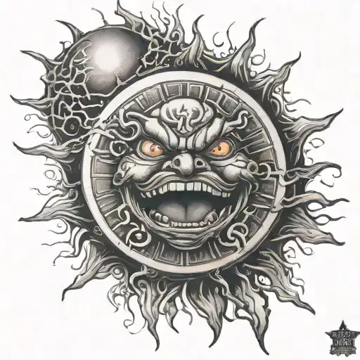 angry red sun with a grin tattoo design idea