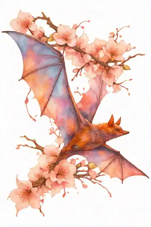 a bat with an exposed skeleton and a cherry blossom tattoo design idea