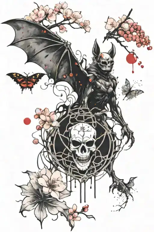 bat with his skeleton showing and a cherry blossom tattoo design idea