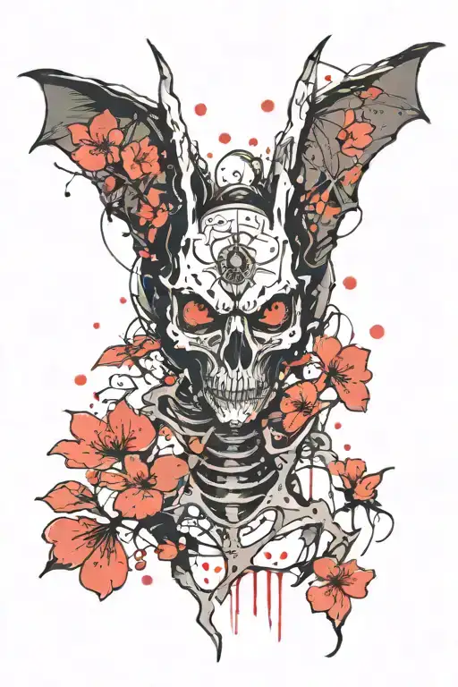 bat with an exposed skeleton and a cherry blossom tattoo design idea