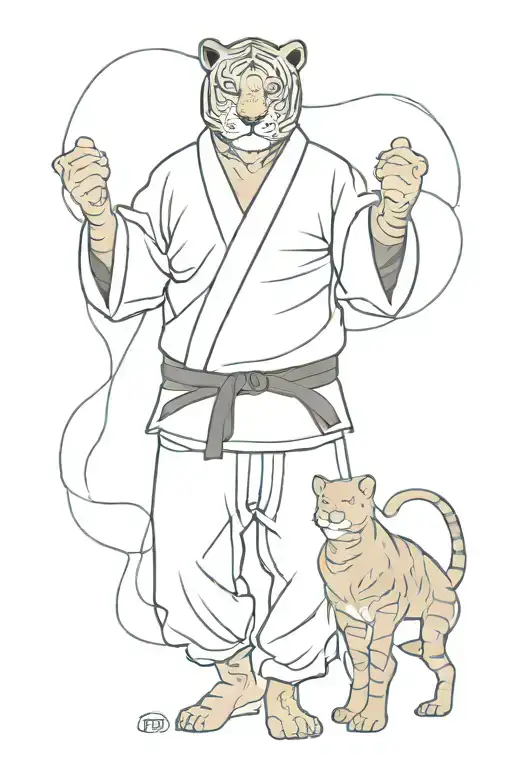  tattoo in concept style with the word 'discipline', a blindfolded person in a judo gi and an immage of tai lung tattoo design idea