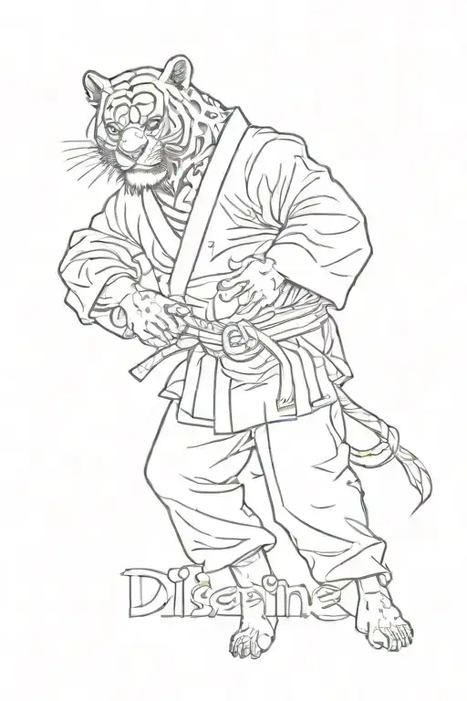  tattoo in concept style with the word 'discipline', a blindfolded person in a judo gi and an immage of tai lung tattoo design idea