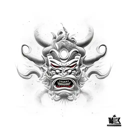 Black and white Tattoo, japanese hannya Oni mask, wlk_god marcelo goncalves style tattoo design idea