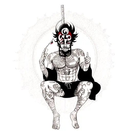Black and white Tattoo, japanese Oni mask, wlk_god marcelo goncalves style tattoo design idea