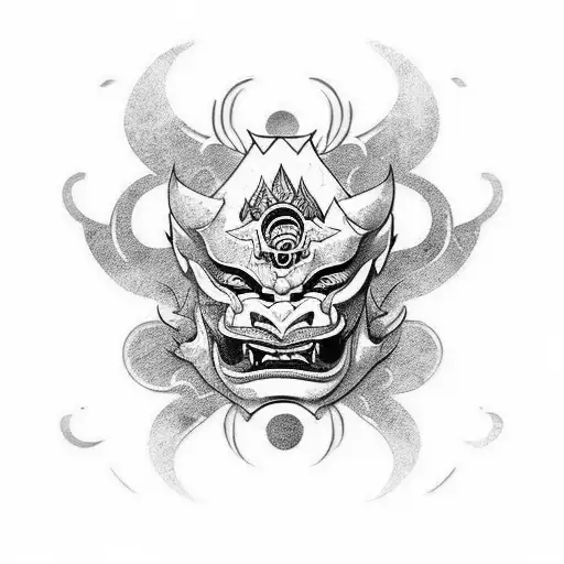 Black and white Tattoo, japanese hannya Oni mask, wlk_god marcelo goncalves style tattoo design idea