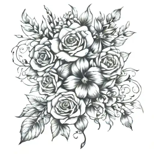 family flower bouquet tattoo. April March may June July August October December birth month flowers. half sleeve.  tattoo design idea