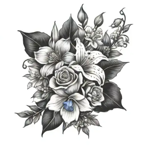 Daisy, Daffodil, lily of the valley, rose, delphinium, poppy, Cosmos, holly. family flower bouquet tattoo. half sleeve.  tattoo design idea