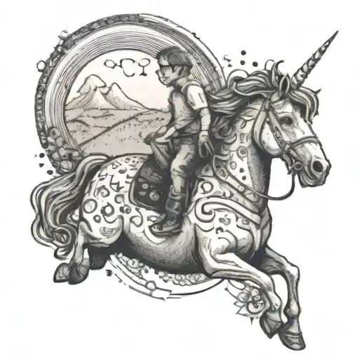 A child with glasses riding a unicorn across a rainbow bridge tattoo design idea