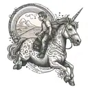 A child with glasses riding a unicorn across a rainbow bridge tattoo design idea