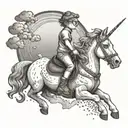 A child with glasses riding a unicorn across a rainbow bridge tattoo design idea