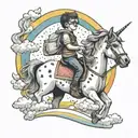 A child with glasses riding a unicorn across a rainbow bridge tattoo design idea