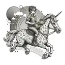 A child with glasses riding a unicorn across a rainbow bridge tattoo design idea