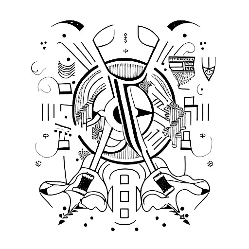 A minimalist tattoo of a guitar and drum set with the letters 'FL' (representing FL Studio) incorporated into the design tattoo design idea