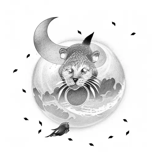 A black-grey tattoo of a moonlit beach with animals playing handball tattoo design idea