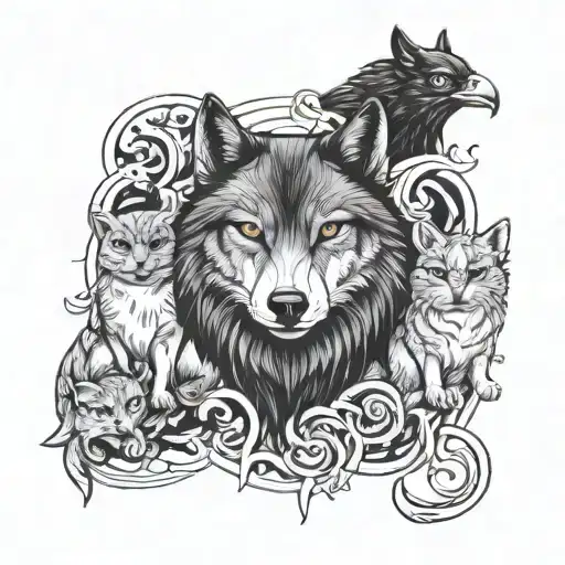 Incorporate a mix of cats, wolves, crows, snakes, and owls in a tattoo design tattoo design idea