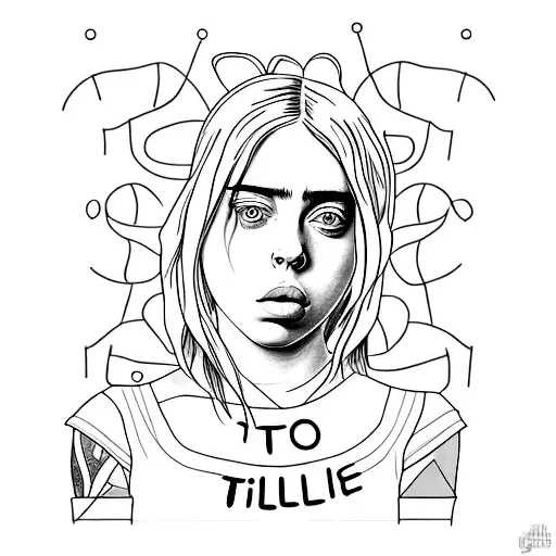 A minimalist tattoo of Billie Eilish's face with lyrics from one of her songs written in a delicate font tattoo design idea
