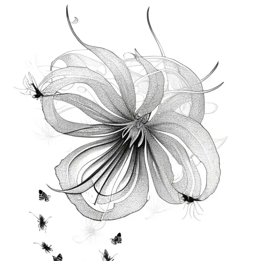 Red spider lily with silver butterflies  tattoo design idea
