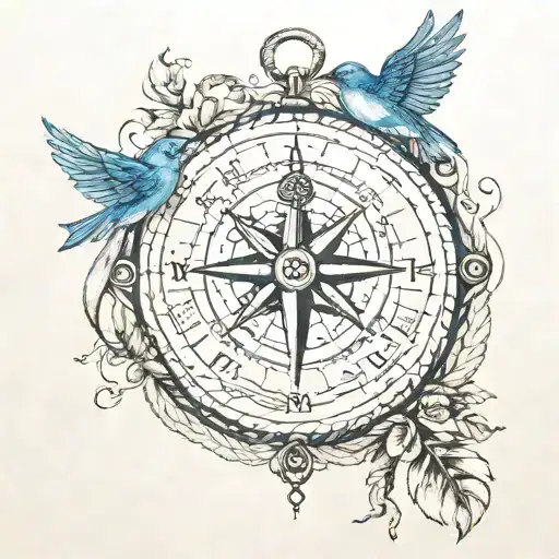 compass carried by bluebirds with rope and anchor in southeast, with "Not all who wander are lost" surrounding tattoo design idea