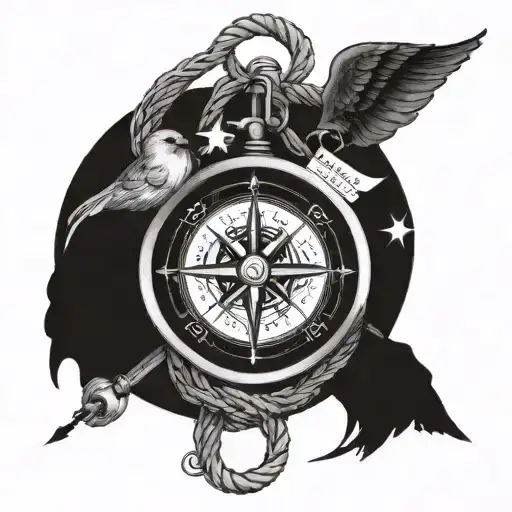 compass carried by bluebirds with rope and anchor in southeast, with "Not all who wander are lost" surrounding tattoo design idea