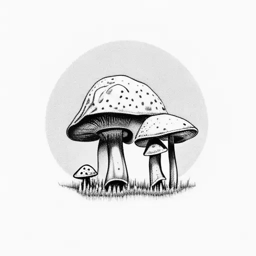 A detailed mushroom forest scene with your girlfriend and dog exploring together tattoo design idea