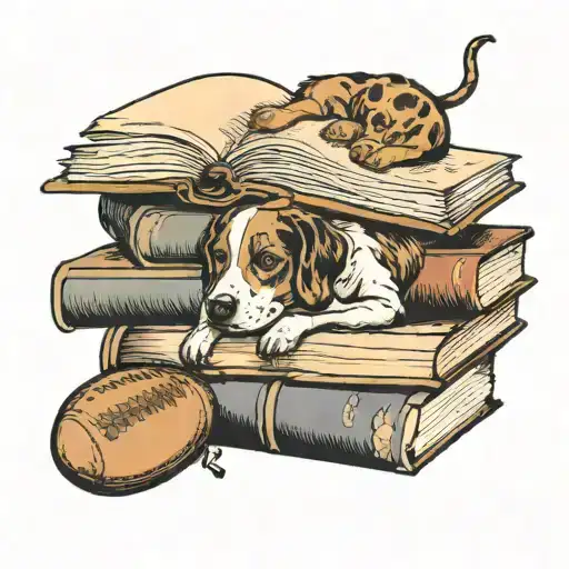 A stack of books with a football and a dog resting on top tattoo design idea