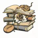 A stack of books with a football and a dog resting on top tattoo design idea