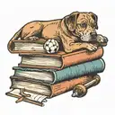 A stack of books with a football and a dog resting on top tattoo design idea