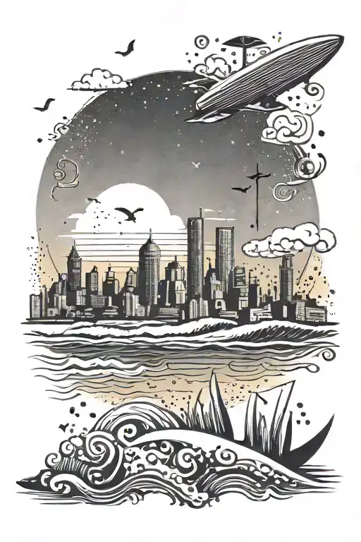 An ancient Izmir skyline with surfboards scattered around and a music note in the sky tattoo design idea