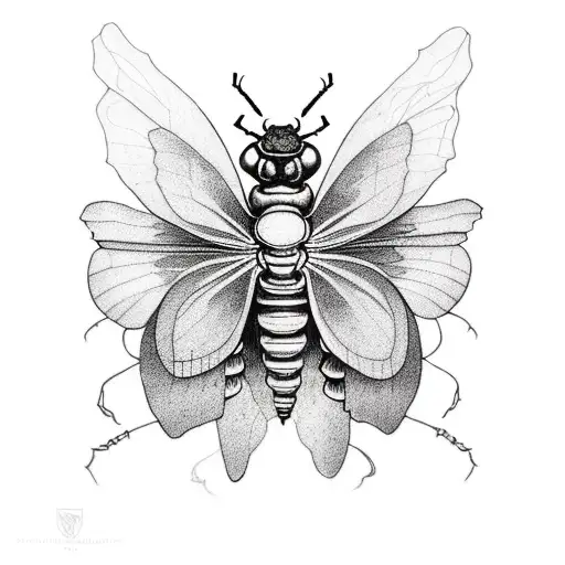 A blackwork tattoo combining elements of Botticelli's art and insect anatomy tattoo design idea