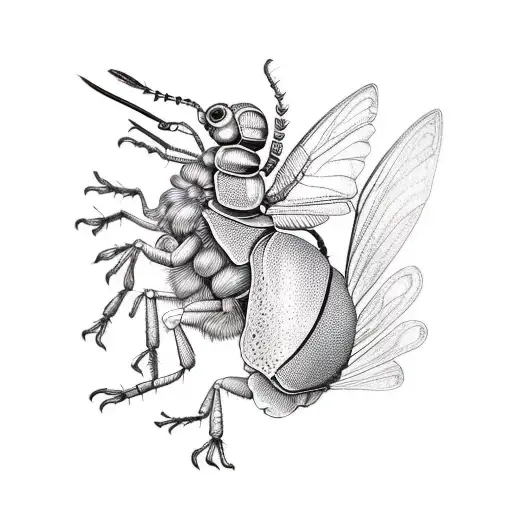 A blackwork tattoo combining elements of Botticelli's art and insect anatomy tattoo design idea