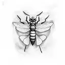 A blackwork tattoo combining elements of Botticelli's art and insect anatomy tattoo design idea