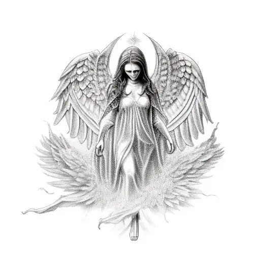 Defeated humanoid angel with the phrase "mortem ante cladem" underneath tattoo design idea