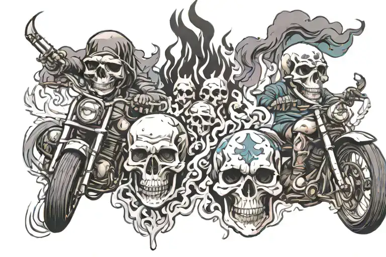 SKULLS, SMOKE, FIRE AND MOTORBIKES tattoo design idea