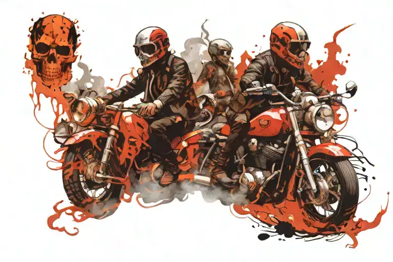 SKULLS, SMOKE, FIRE AND MOTORBIKES tattoo design idea