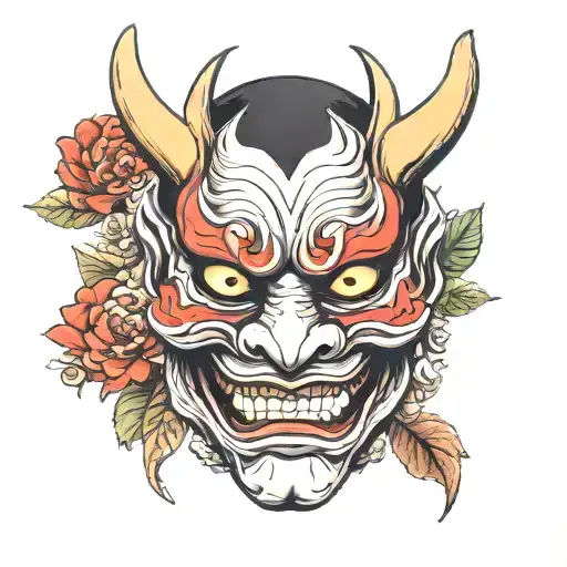 Hannya mask with flowers tattoo design idea