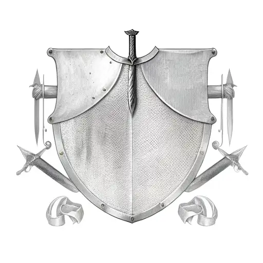 A medieval sword found in armor, with some books beside it tattoo design idea