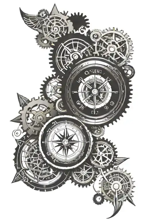 one half is a compass, the other half is a clock and at the bottom is a gear tattoo design idea