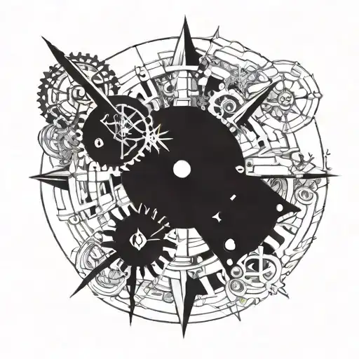 one half is a compass, the other half is a clock and at the bottom is a gear tattoo design idea