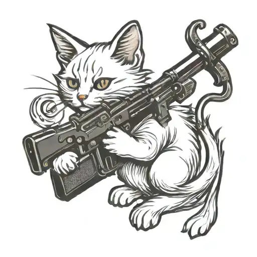 gangster white kitten holding giant gun tattoo design idea